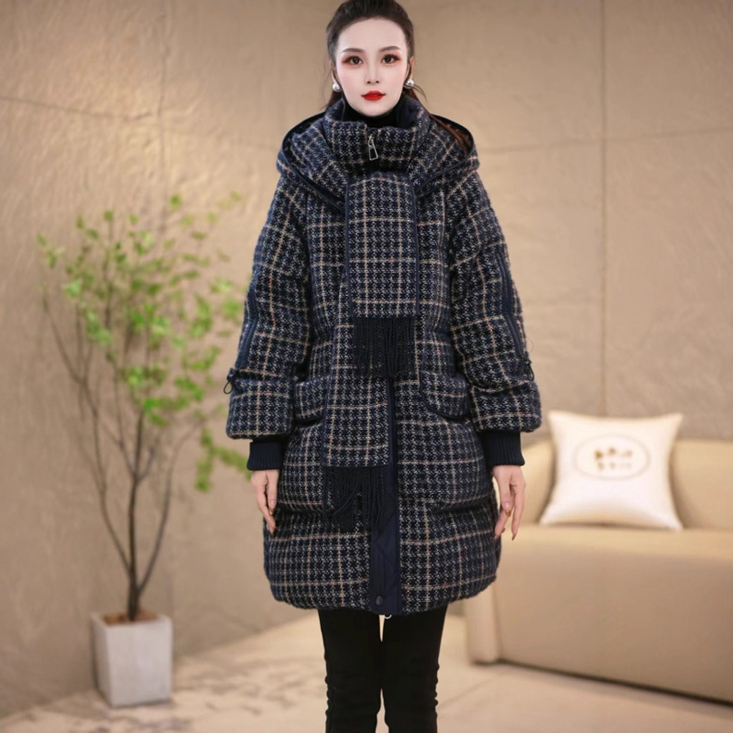 时尚格纹连帽羽绒棉服女冬季新款大码宽松保暖妈妈中长款棉衣外套,女装/女士精品,中老年女装,淘宝优惠券,粉丝福利购,淘宝优惠卷