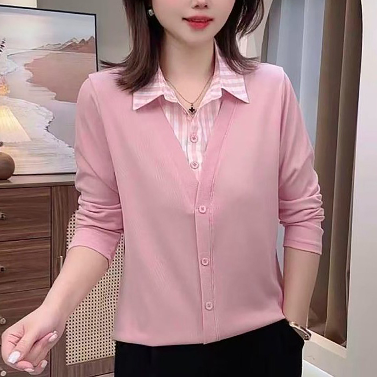轻奢高级感条纹衬衫女假两件上衣图片