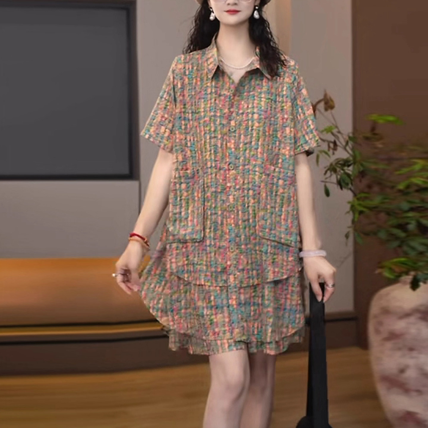 好看时尚中长款衬衫短裤套装女夏2026新款大码宽松减龄洋气两件套