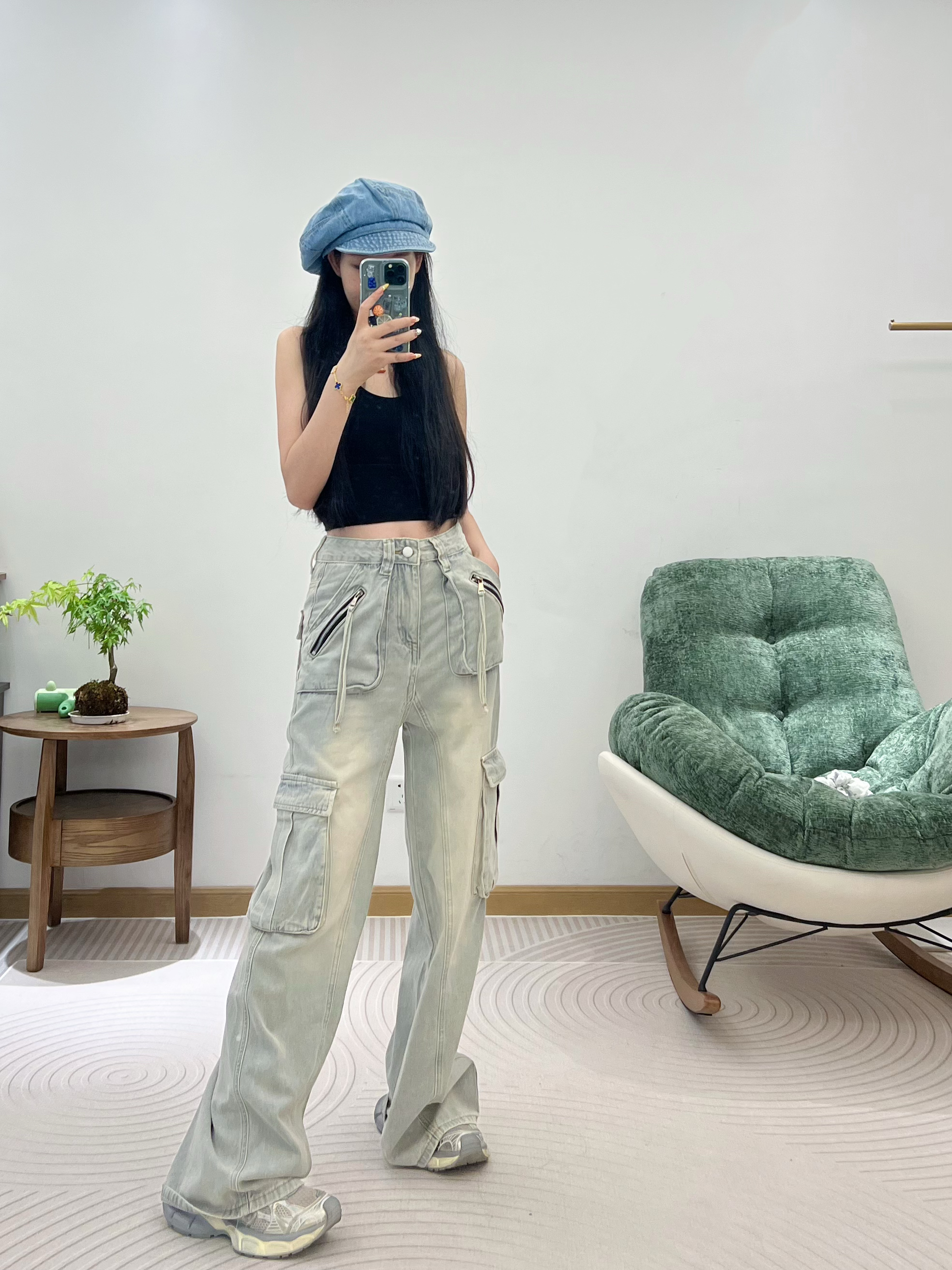 苗与木时尚显腿型浅色休闲阔腿工装裤2025高腰炸街多口袋牛仔裤