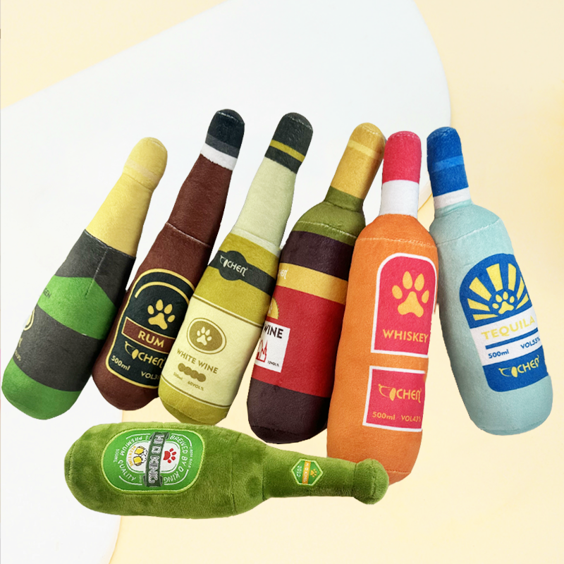 跨境 宠物毛绒玩具印刷香槟酒瓶造型毛绒填充自嗨狗 玩具现货秒发