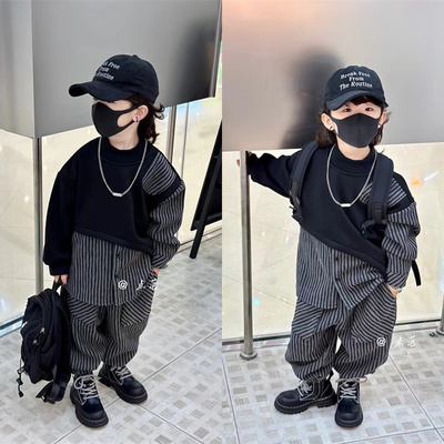 男童加绒卫衣衬衫套装2023深秋冬装新款儿童条纹裤韩国潮童韩版