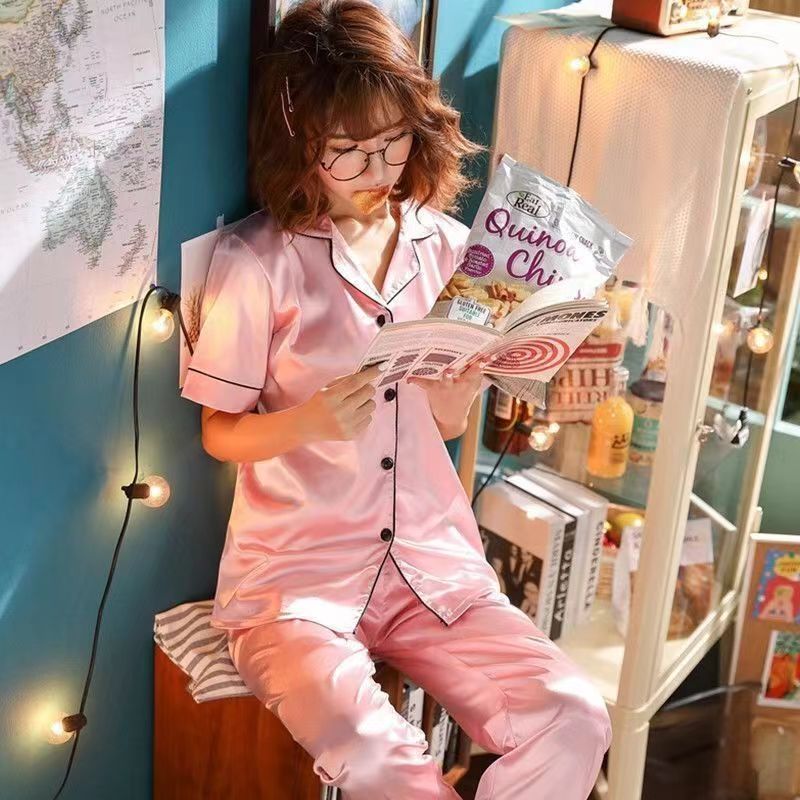 新款冰丝睡衣女夏季短袖长裤性感薄款大码春秋家居服仿真丝绸套装