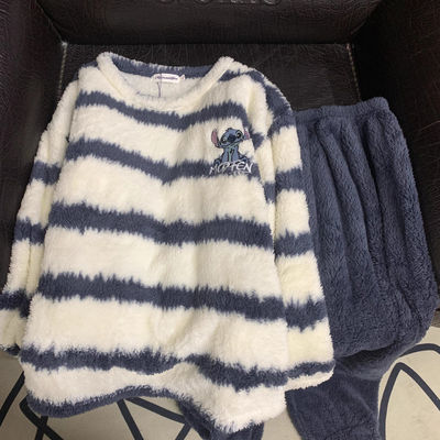 珊瑚绒条纹套头圆领长袖睡衣秋冬季女2025新款加厚保暖家居服套装