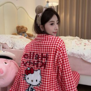 HelloKitty睡衣女秋冬季珊瑚绒日系红色格子学生法兰绒家居服套装