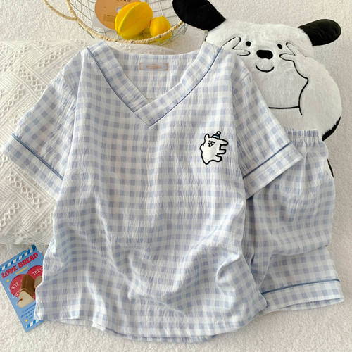 【线条狗细纱绵】夏天短袖可爱云朵棉睡衣套装女夏季卡通家居服韩