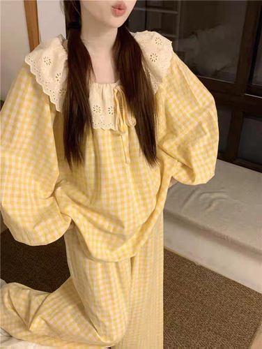 韩版ins风睡衣女春秋季长袖云朵棉甜美花边格子大码家居服套装潮