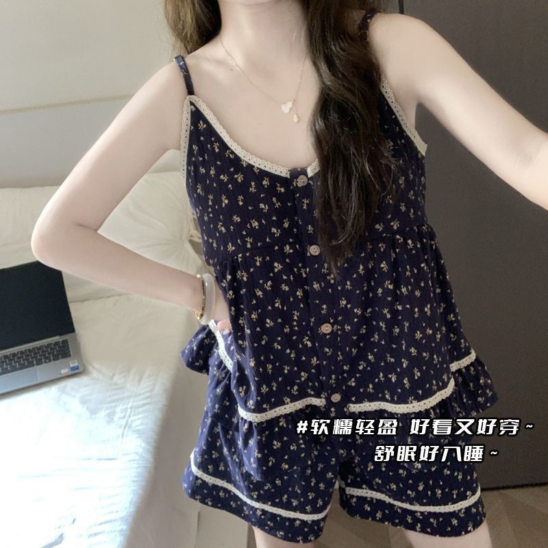 夏季新款高级感带胸垫透气睡衣女碎花吊带短裤女装其它制服套装图片