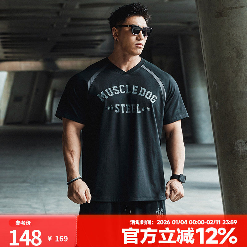 肌肉狗 凉感速干棒球领训练服夏季美式宽松半袖运动健身短袖T恤男