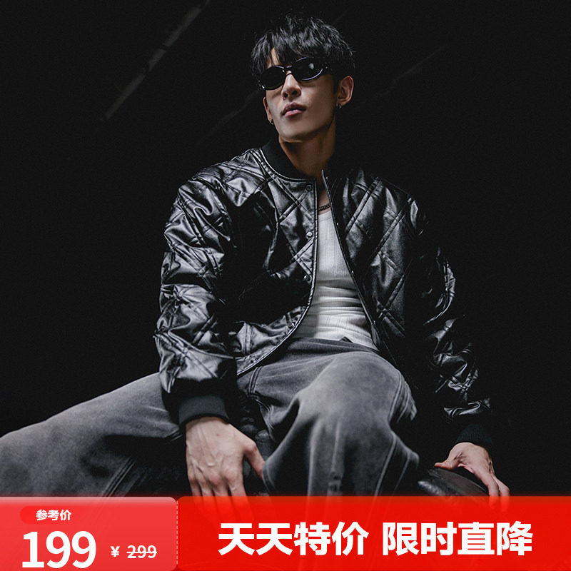 肌肉狗 皮衣外套男时尚菱形格纹美式硬汉健身宽松短款男装皮夹克,运动服/休闲服装,运动茄克/外套,淘宝优惠券,粉丝福利购,淘宝优惠卷