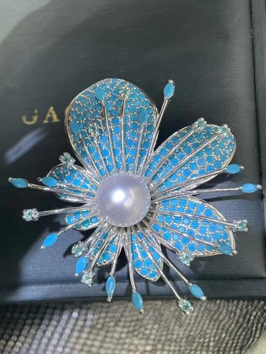 蓝色高档胸针10-11天然淡水珍珠精工秋冬大衣搭配