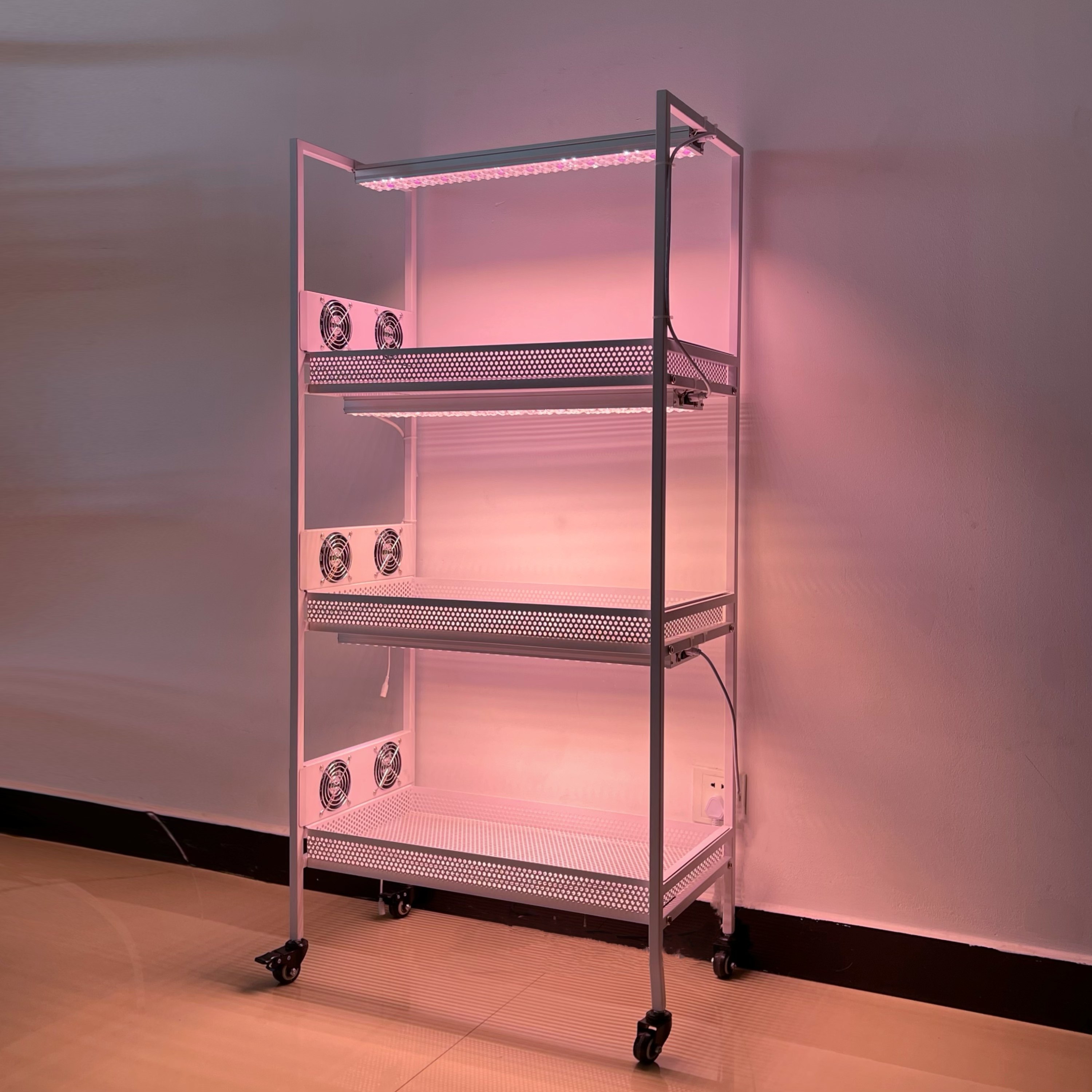 知三月三层镀锌钢小推车多肉花架网孔浸盆阳台室内可配风扇补光灯