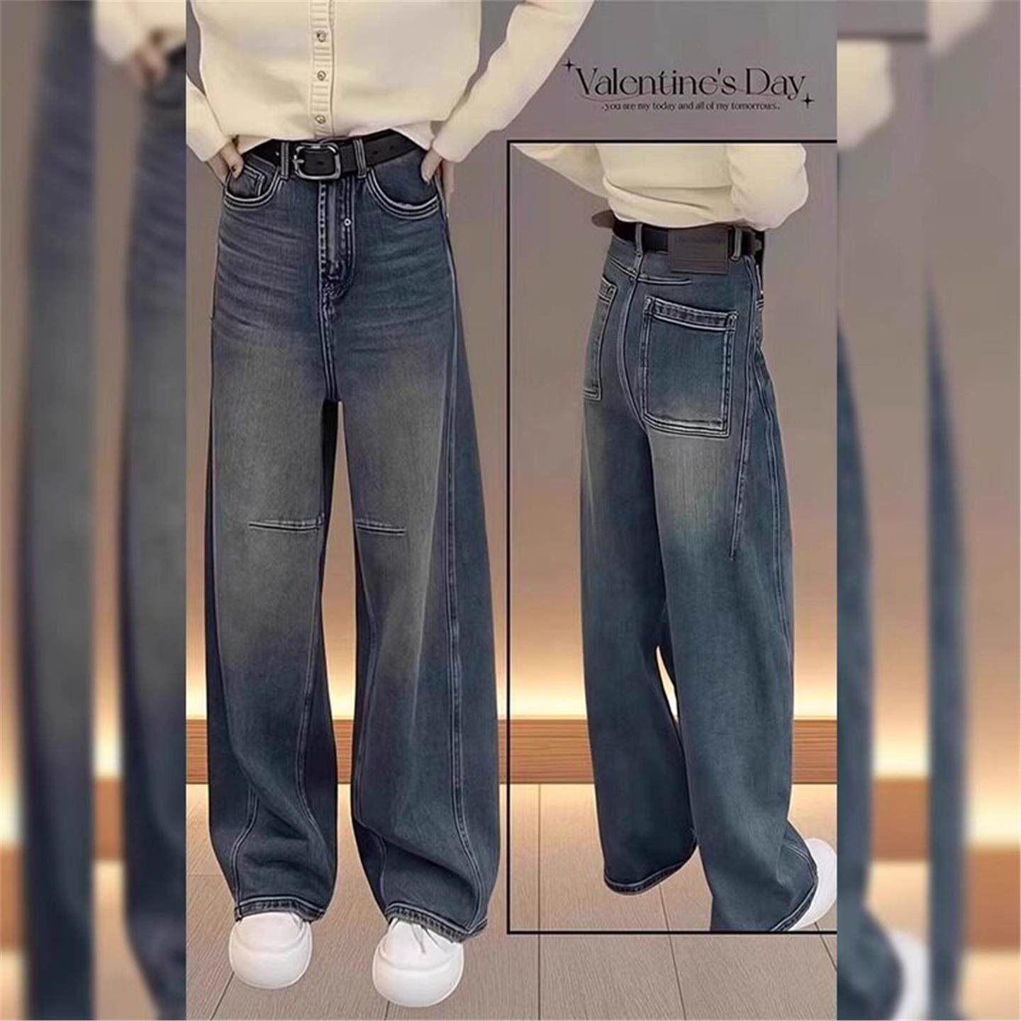 欧货弯刀牛仔裤女秋季新款大码胖mm梨形身材小个子直筒宽松阔腿裤