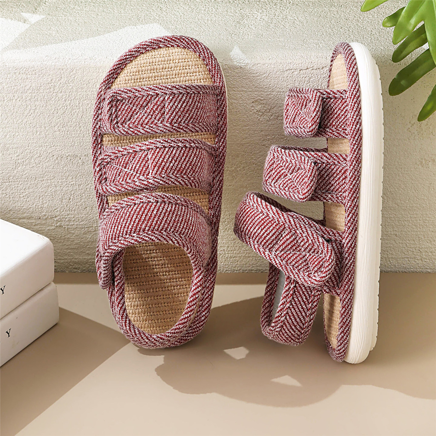 夏季中老年人男女款居家外穿亚麻布凉鞋平底防滑露趾吸汗透气拖鞋