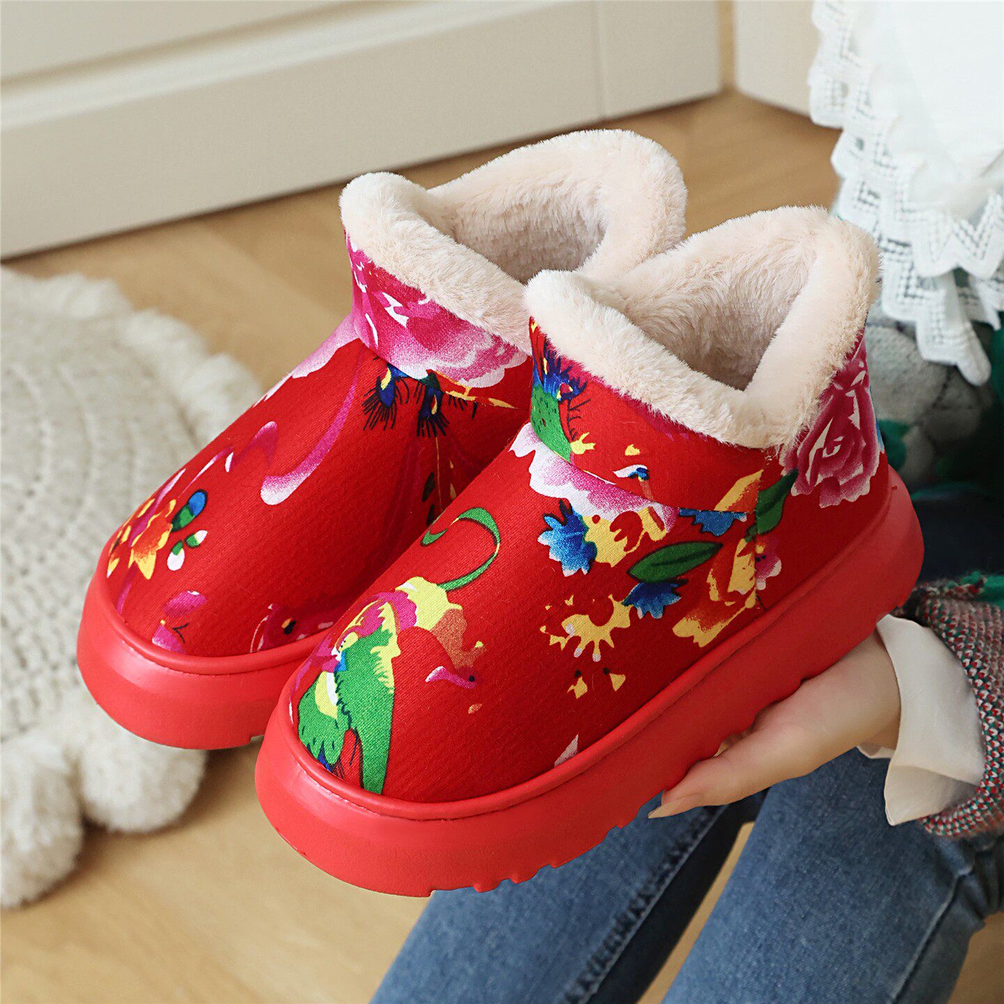 冬季加绒加厚东北大花棉鞋女款居家外穿防滑厚底保暖高包跟棉拖鞋