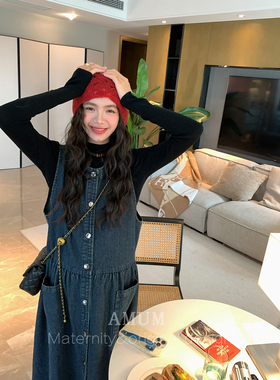 ◆AMUM孕妇装◆又见背心裙~复古蓝竖条纹理无袖口袋宽松连衣裙