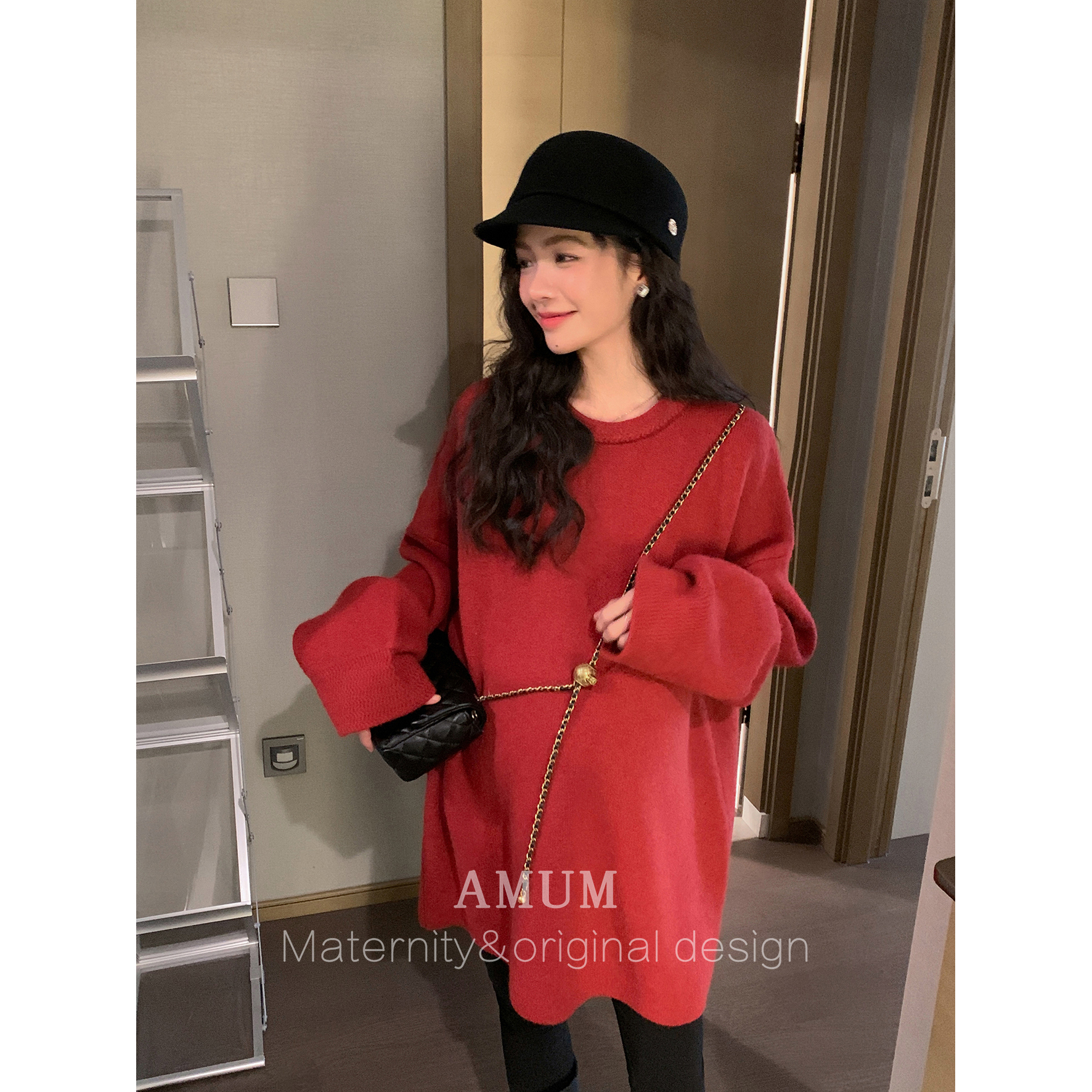 ◆AMUM孕妇装◆红红火火~过年ootd圆领宽松显白冬季加厚针织上衣