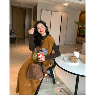 慵懒中长款 限定小马 独特刺绣卡通加厚针织背心裙 AMUM孕妇装