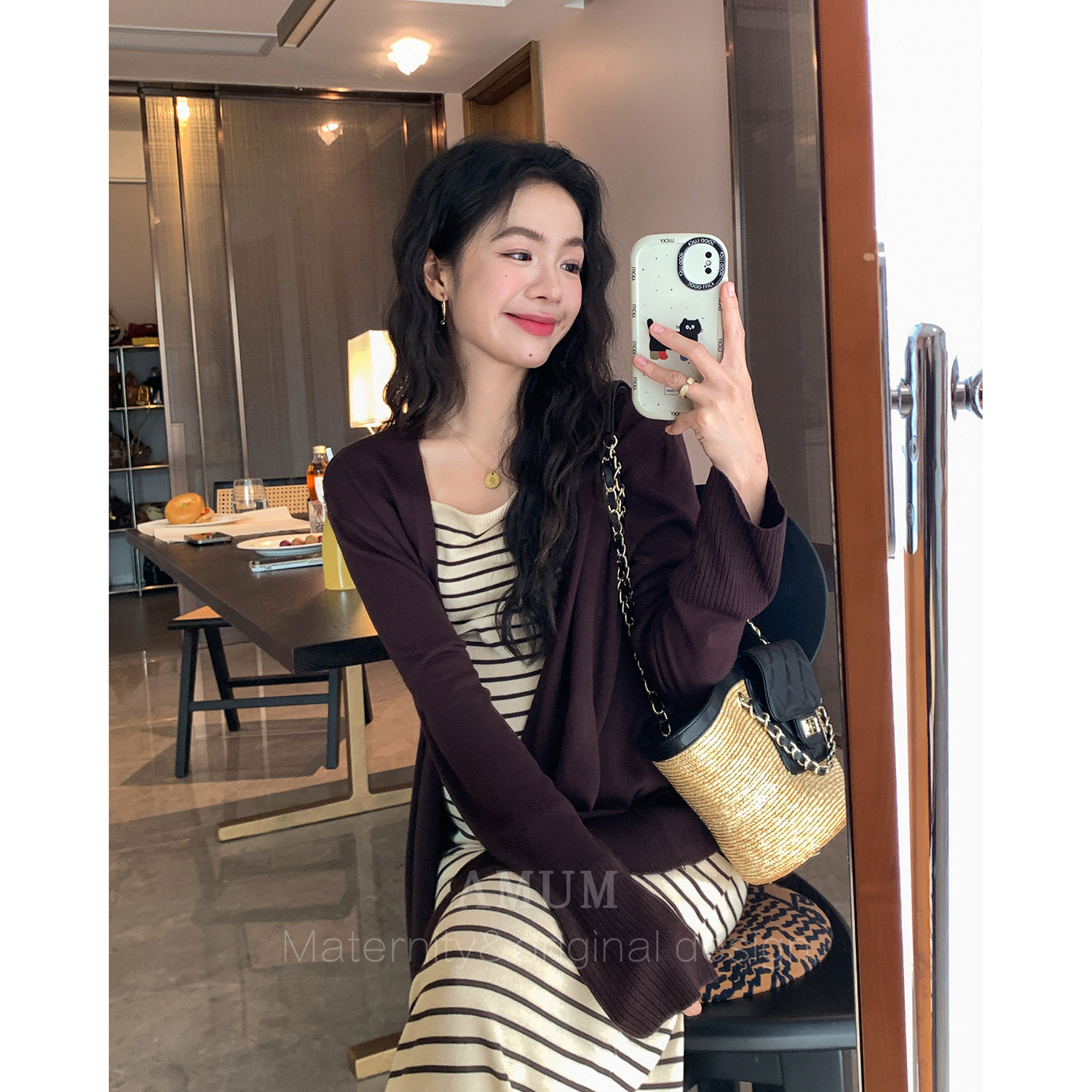 ◆AMUM孕妇装◆松露暖咖~韩系针织开衫休闲气质条纹吊带连衣裙套图片