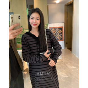 简约休闲连帽条纹针织裙秋冬显瘦连衣裙 格雷假日 AMUM孕妇装