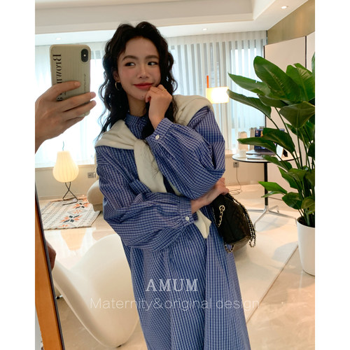 ◆AMUM孕妇装◆蓝格调~春夏休闲格子宽松立领衬衫清新少女连衣裙
