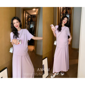 极简气质紫色抽绳高腰垂感半身裙套装 时髦进阶 AMUM孕妇装