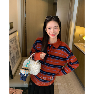 Miu系polo领复古条纹毛衣撞色针织衫 几何律动 上衣 AMUM孕妇装