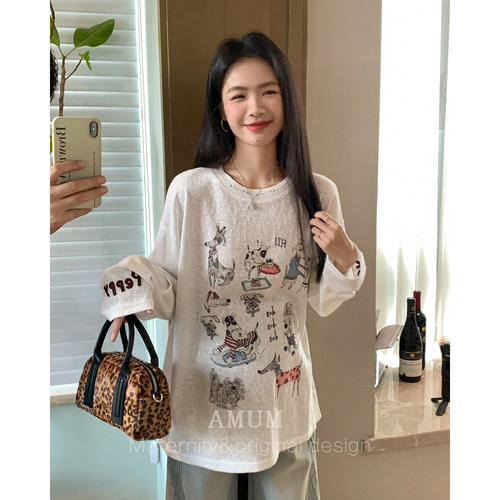◆AMUM孕妇装◆汪汪聚会~甜酷趣味小狗印花防晒罩衫慵懒长袖t恤