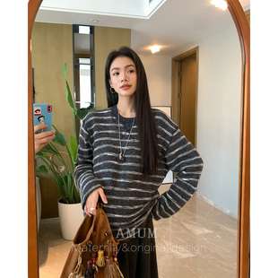 撞色条纹圆领慵懒软糯绒绒t打底衫 随意穿搭 秋冬 AMUM孕妇装
