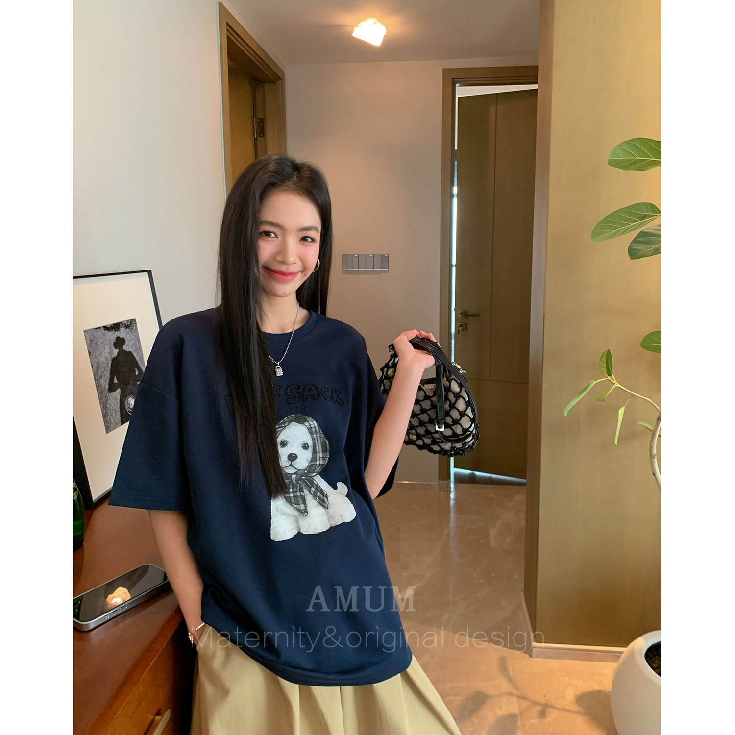 ◆AMUM孕妇装◆小狗电台~圆领短袖趣味印花t恤百搭宽松休闲棉上衣