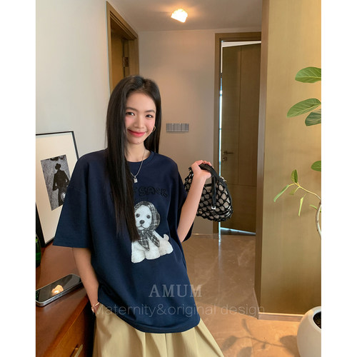 ◆AMUM孕妇装◆小狗电台~圆领短袖趣味印花t恤百搭宽松休闲棉上衣