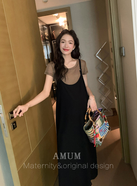 ◆AMUM孕妇装◆独特艺术感~垂感黑色背带裙气质通勤简约连衣裙夏