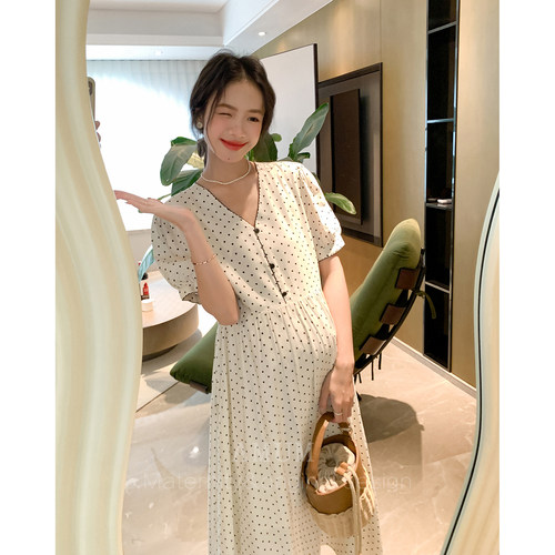 ◆AMUM孕妇装◆波尔卡序曲~夏季V领波点宽松温柔风气质中长款裙子