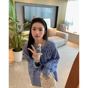 韩系蓝色格子衬衣宽松休闲长袖 蓝调时刻 娃娃衫 AMUM孕妇装