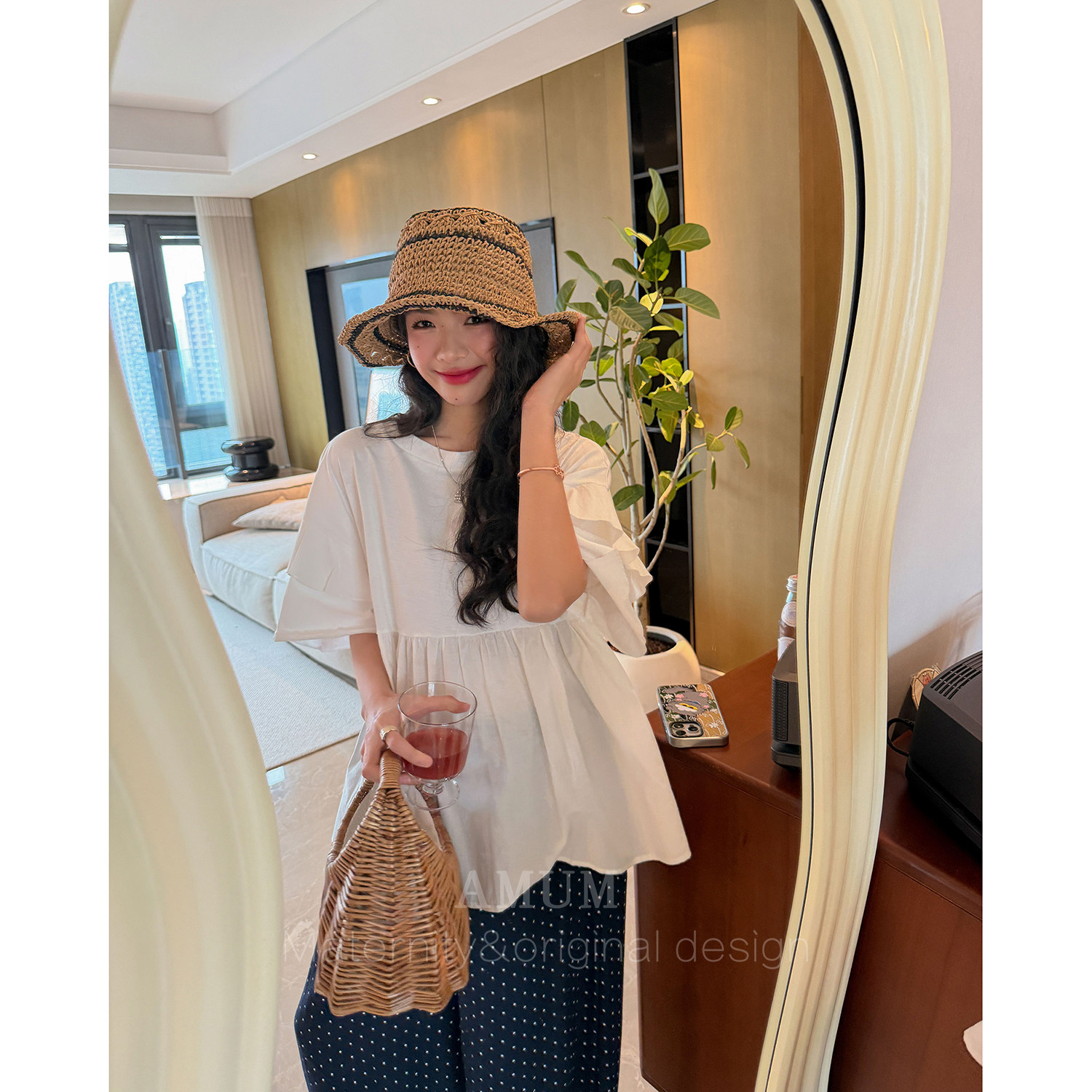 ◆AMUM孕妇装◆舒适为主~甜美纯色荷叶边袖褶皱拼接宽松圆领上衣