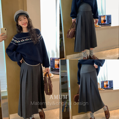 ◆AMUM孕妇装◆圣马丁学院~灰色复古a字百褶半身裙拖腹百搭中裙