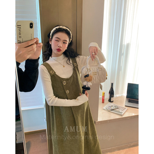 ◆AMUM孕妇装◆冷萃复古~森系抹茶绿雪呢绒背心裙气质叠穿连衣裙