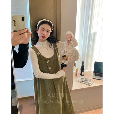 ◆AMUM孕妇装◆冷萃复古~森系抹茶绿雪呢绒背心裙气质叠穿连衣裙