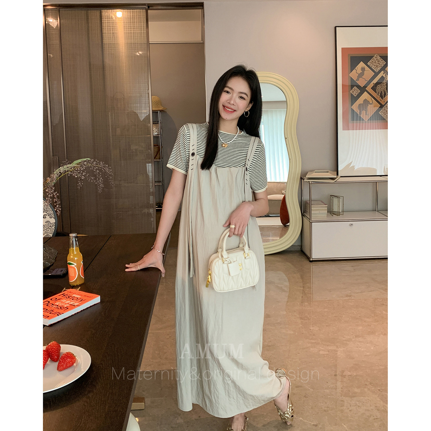◆AMUM孕妇装◆潮玩术语~慵懒日系褶皱宽松廓形可调休闲背带裙