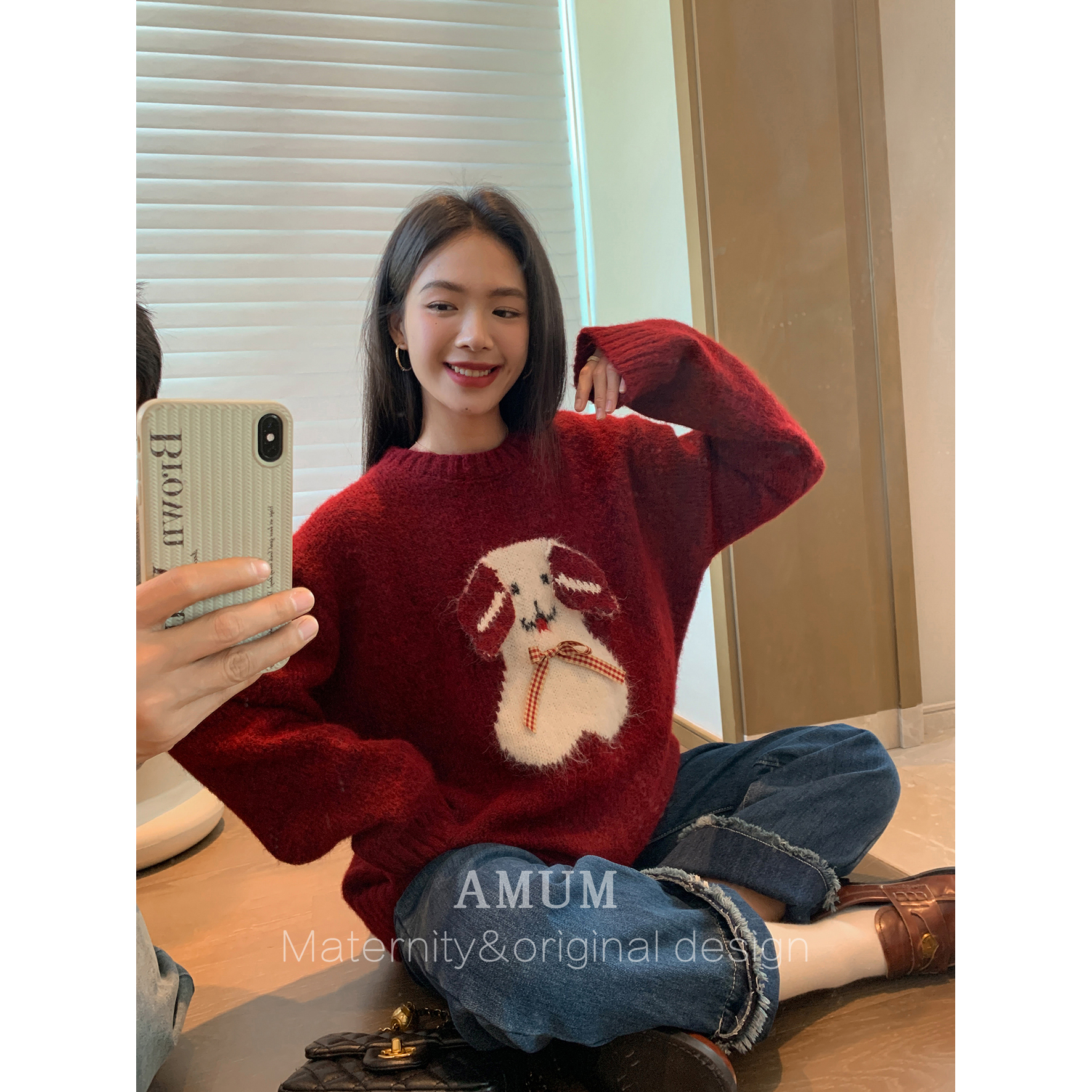 ◆AMUM孕妇装◆新年限定~红色卡通毛衣秋冬宽松慵懒风小个子上衣