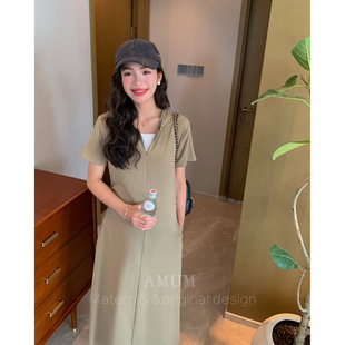 ◆AMUM孕妇装◆夏日韩感~简约连帽假两件连衣裙休闲气质t恤裙