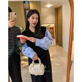 假两件休闲拼接蓝条袖 蓝调伏线 翻领设计感连衣裙 AMUM孕妇装