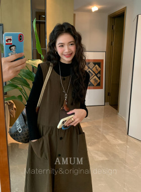 ◆AMUM孕妇装◆秋冬孕期~大口袋宽松无袖背心裙美拉德叠穿连衣裙