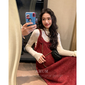 复古红色花朵针织叠穿吊带连衣裙 法式 AMUM孕妇装 红山茶