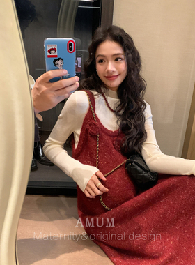 ◆AMUM孕妇装◆红山茶~法式复古红色花朵针织叠穿吊带连衣裙