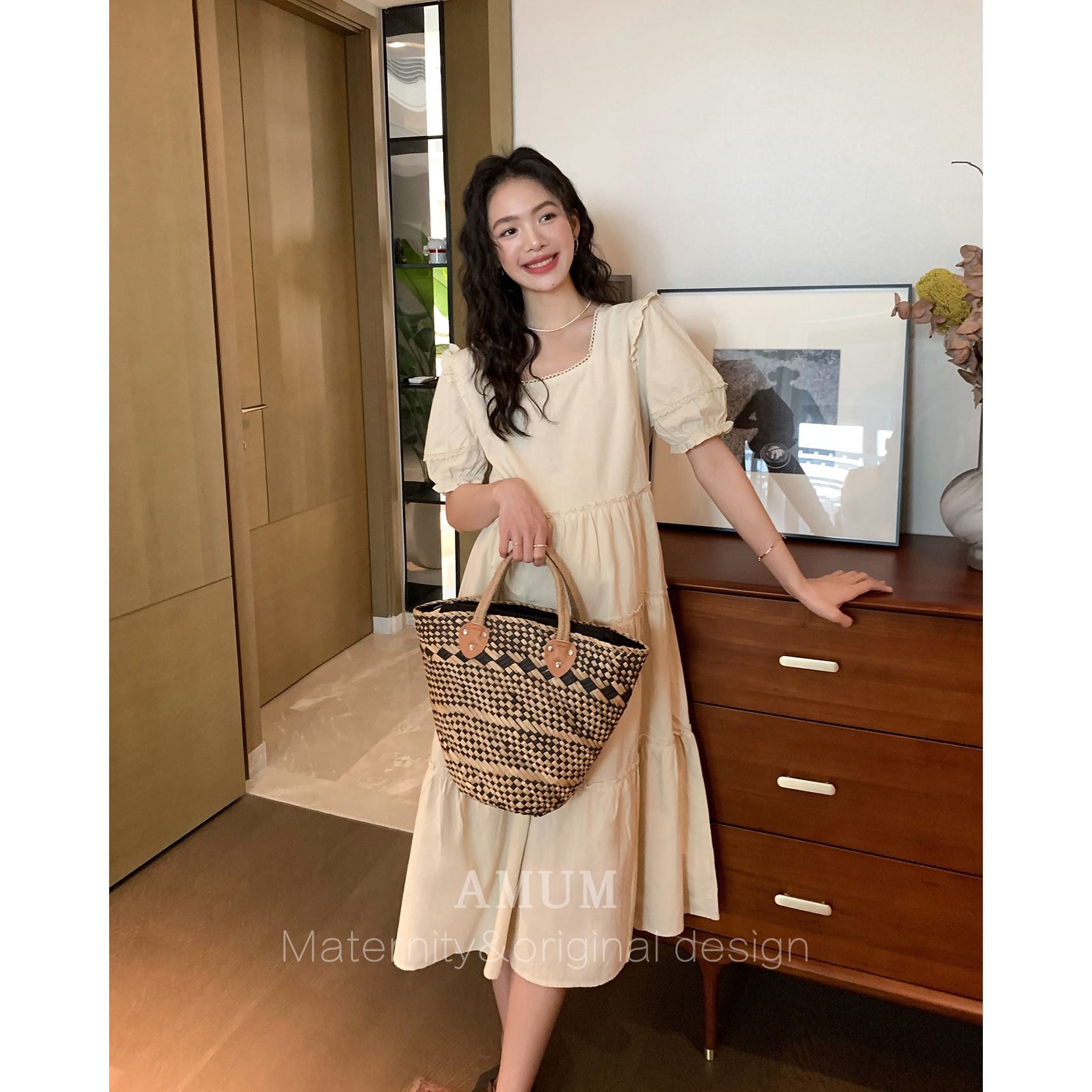 ◆AMUM孕妇装◆捕梦山茶~甜美拼接木耳泡泡袖蛋糕裙气质连衣裙