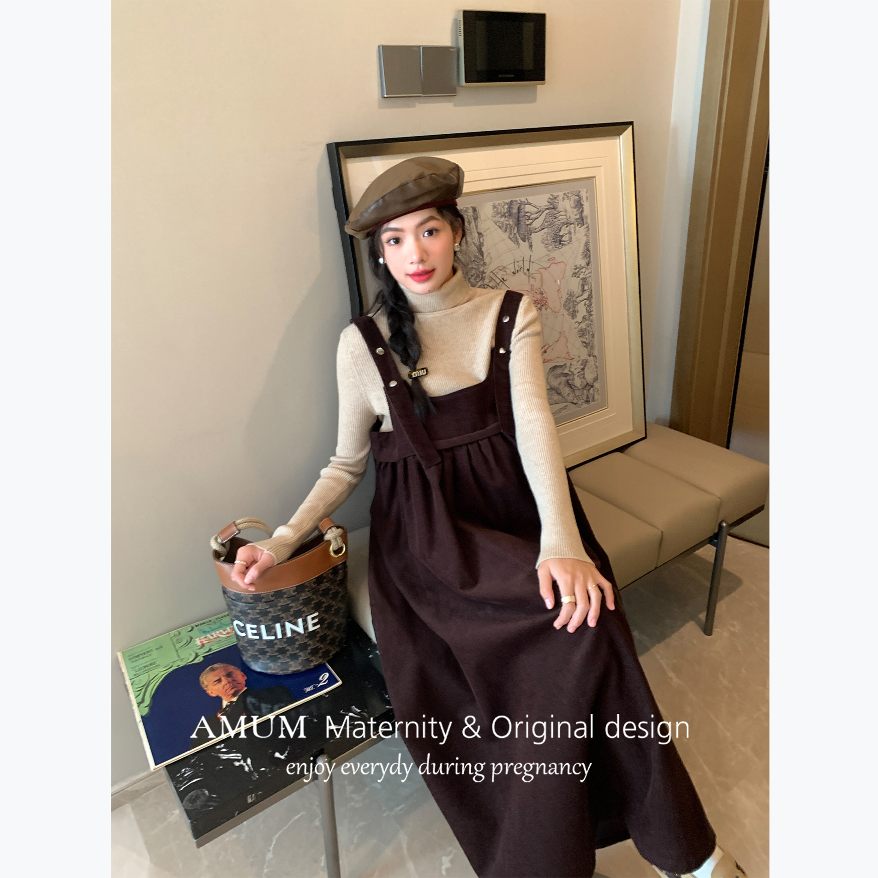 ◆AMUM孕妇装◆栗子布朗~复古文艺灯芯绒甜美可调节美拉德背带裙