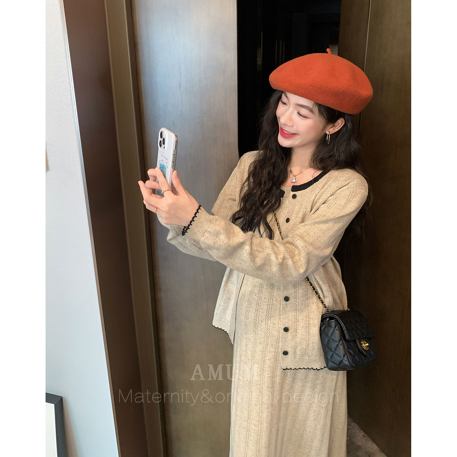 ◆AMUM孕妇装◆秋冬孕期~套装小香风开衫吊带连衣裙孕妈两件套图片
