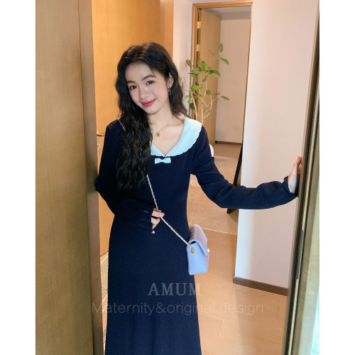 ◆AMUM孕妇装◆画报优雅~法式撞色娃娃领韩系针织显瘦打底连衣裙