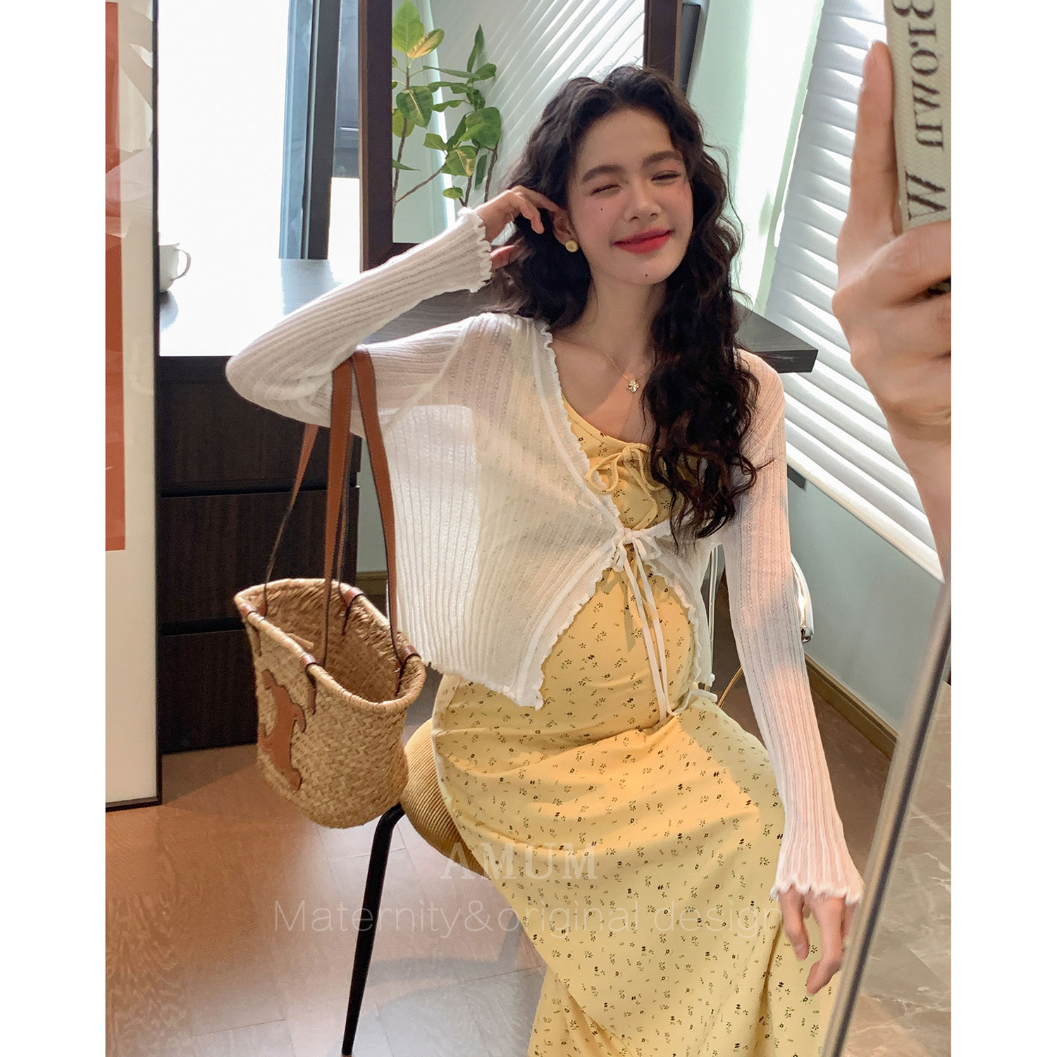 ◆AMUM孕妇装◆少女花笺~明媚碎花吊带裙度假气质显瘦防晒开衫套